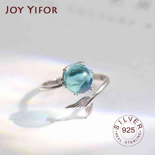 BF CLUB Silver Color Open Blue Crystal Mermaid Bubble Rings for Women Girls Gift Statement Jewelry Adjustable Finger Ring