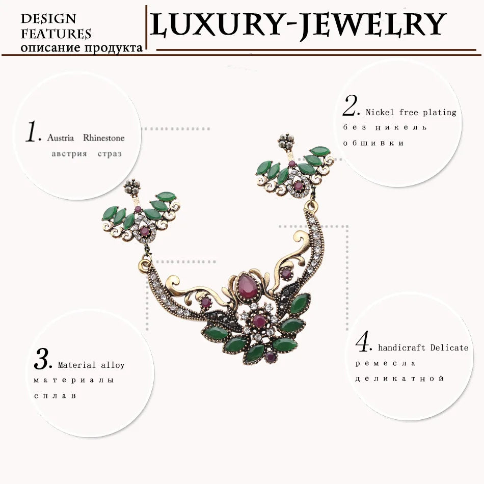 New Style Turkish Wing Jewelry Sets For Women Retro Gold Color Resin Adjustable Earrings Flower Necklace India Ethnic Bijoux