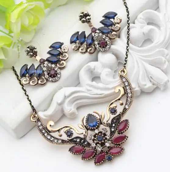 New Style Turkish Wing Jewelry Sets For Women Retro Gold Color Resin Adjustable Earrings Flower Necklace India Ethnic Bijoux