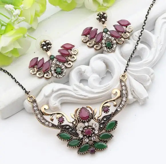New Style Turkish Wing Jewelry Sets For Women Retro Gold Color Resin Adjustable Earrings Flower Necklace India Ethnic Bijoux