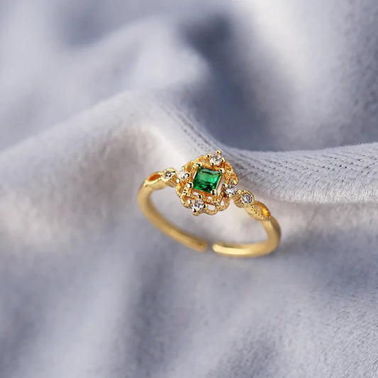 Italian Craft Silver Vintage Court Style S925 Silver Gold-Plated Ring Zircon Hollow-out Clover of Four Leaves Simple Temperament