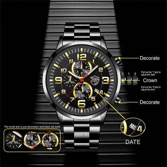 Fashion Mens Sports Watches for Men Luxury Stainless Steel Quartz Wrist Watch Luminous Clock Man Business Casual Leather Watch
