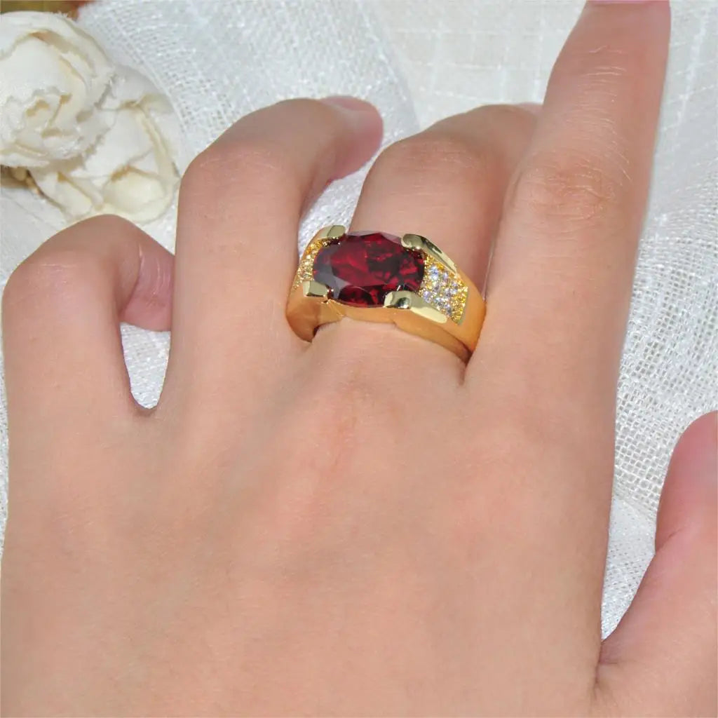 Charm Male Female Red Crystal Stone Ring 18KT Yellow Gold Color Thin Wedding Rings For Women Luxury Oval Zircon Engagement Ring
