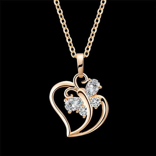 Trendy CZ Butterfly Heart Charm Pendant Necklace Wholesale 35cm Gold Color Choker Neck Chains For Women Jewelry collier femme