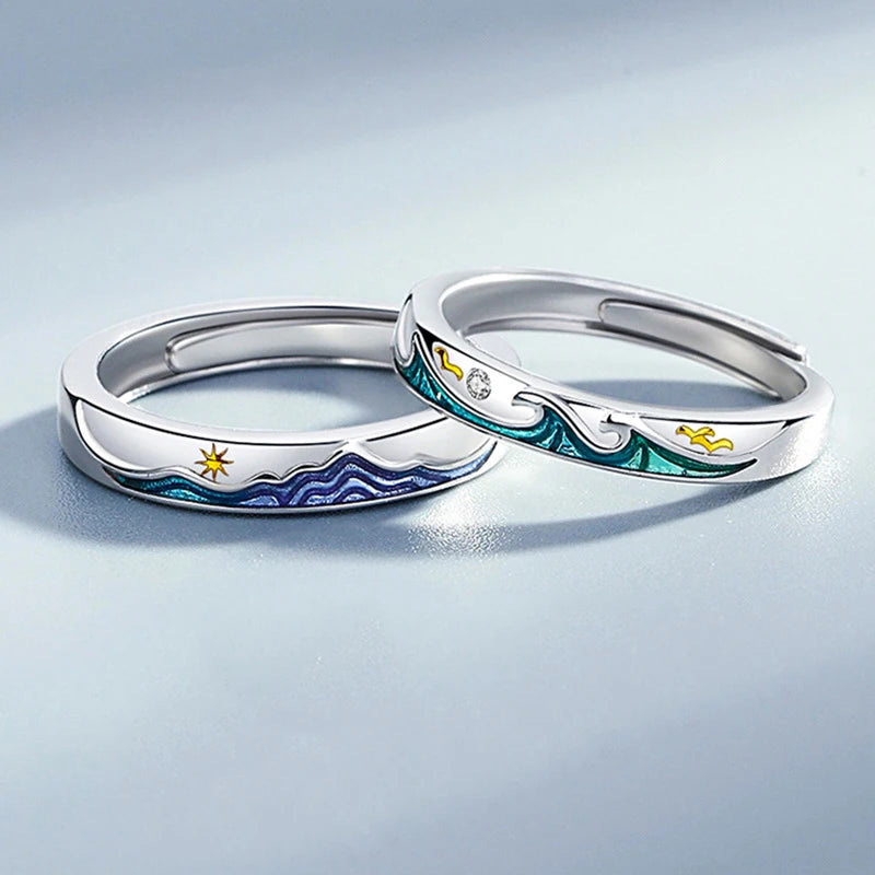 New Simple Couple Rings Silver Color Sun Moon Adjustable Open Ring For Women Men Wedding Fashion Jewelry Gifts