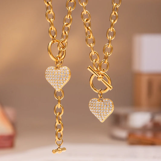 Nivora Stainless Steel "O" Chain OT Clasp Necklaces Bracelets For Women Zircon Heart Pendant Choker Popular Handmade Jewelry