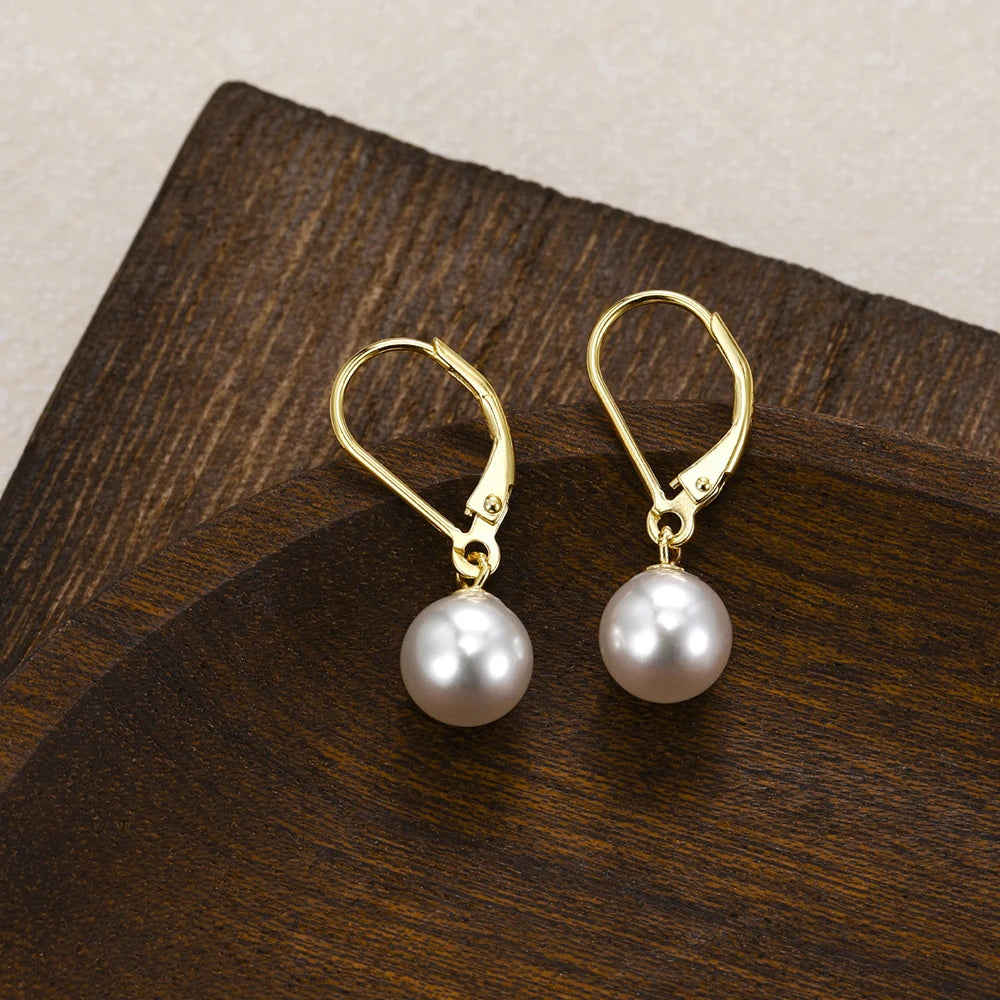 Trumium 8mm 100% Sterling Silver 925 Round Pearl Drop Earrings Jewelry for Woman Girl Leverback Dangle Studs серьги женские