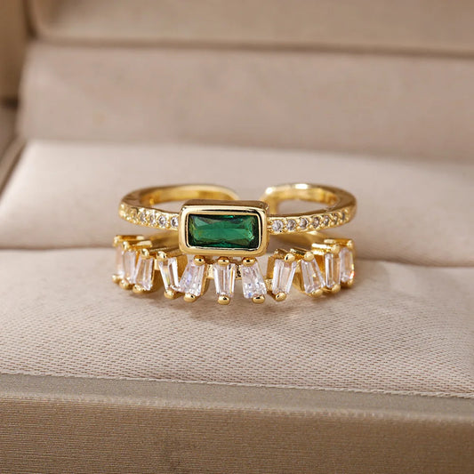 Classic Green Irregular Double Layer Zircon Rings For Women Stainless Steel Gold Plated Wedding Open Finger Ring Free Shipping