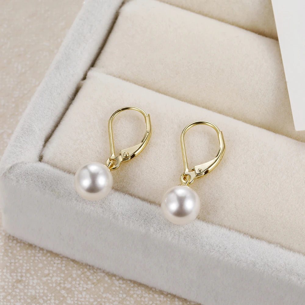 Trumium 8mm 100% Sterling Silver 925 Round Pearl Drop Earrings Jewelry for Woman Girl Leverback Dangle Studs серьги женские