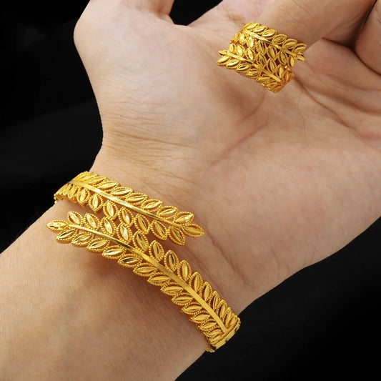 Dubai Gold Color Jewelry Sets for Women Exquisite Leaf Wide Bangle Bracelet & Ring 2 pcs Set Wedding Bridal Accessories