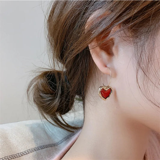 FTCY Vintage Red Love Heart Earrings for Women Gold Color Metal Love Heart Hanging Dangle Earring Women's Jewelry Gifts