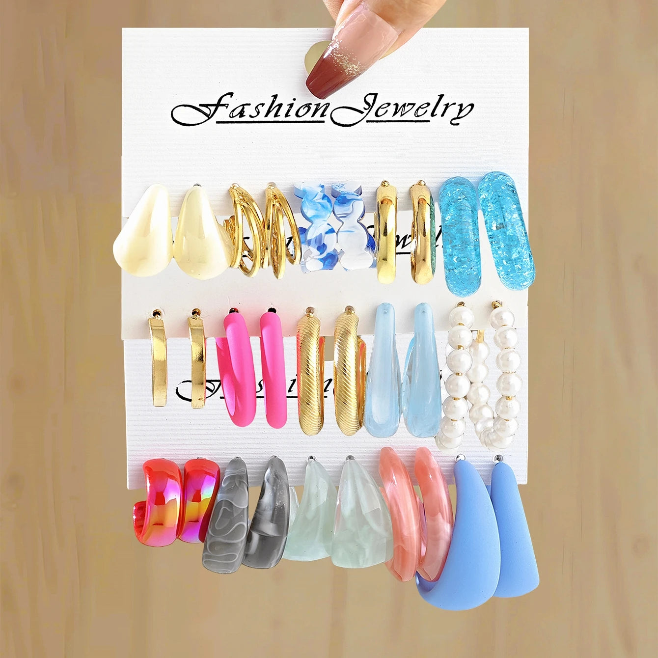 Bohemian Colorful Drop C Shape Glass Acrylic Hoop Earrings Geometric Faux Pearl Women Accessories