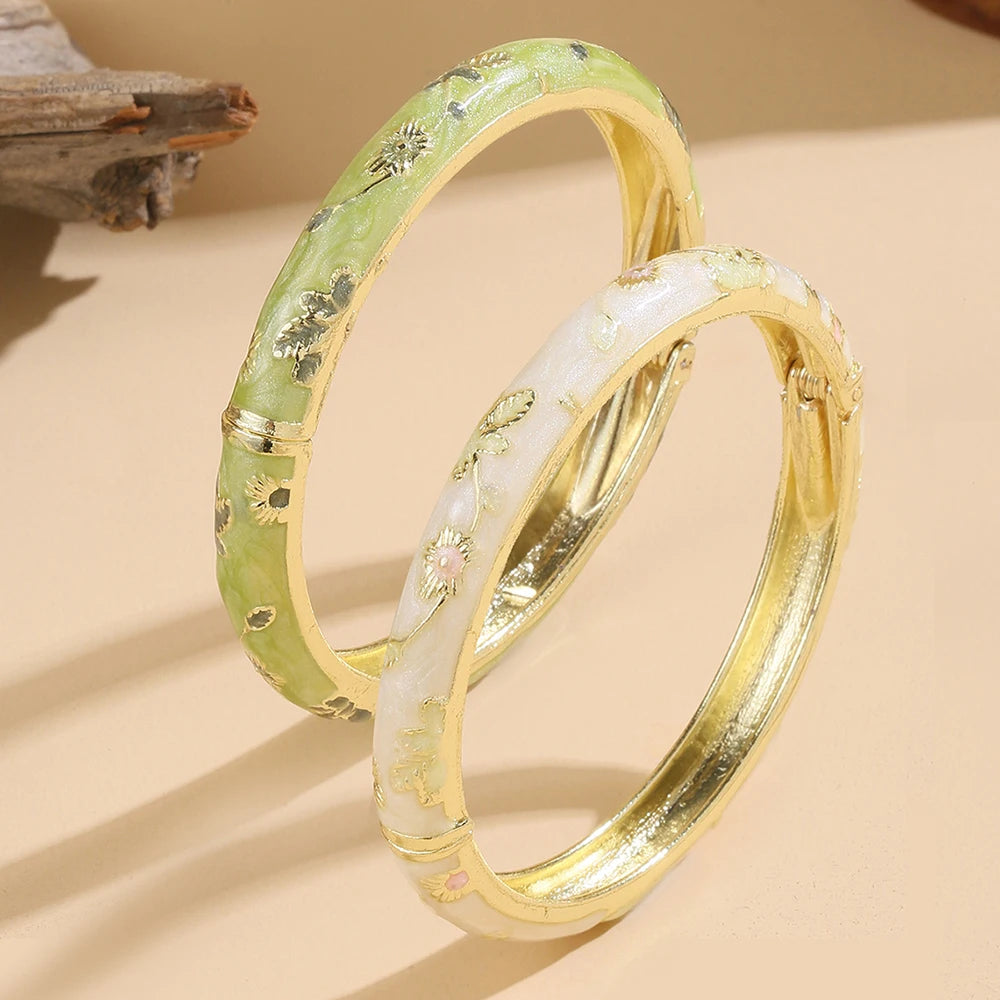FTCY 2 Pcs Flower Bracelet For Women Vintage Bohemian Cloisonne Women's Bangles Luxury Jewelry Gifts