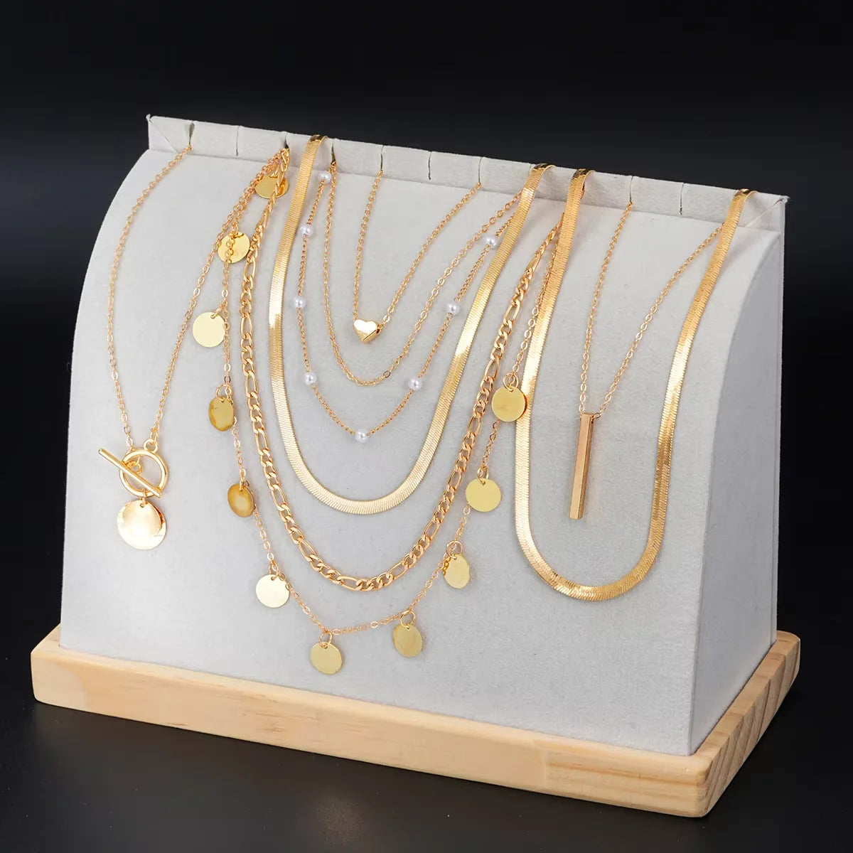 9 Pcs Multi-layered Gold Color Necklace Set for Women Fashion Zircon Pearl Heart Butterfly Star Moon Snake Pendant Necklaces Set