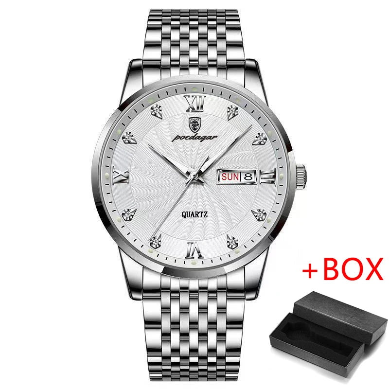 POEDAGAR New Business Mens Watches Top Brand Luxury Stainless Steel Waterproof Week Date Quartz Watch for Men Relogio Masculino