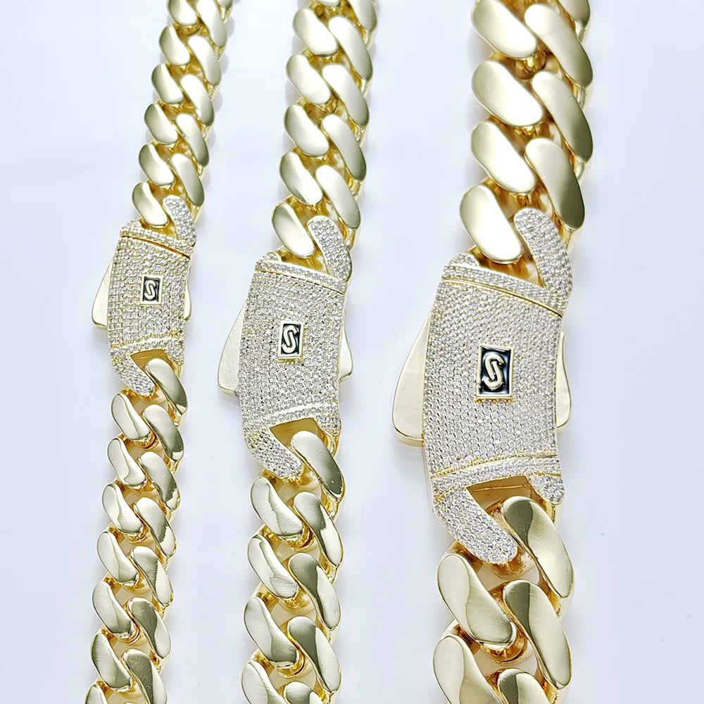 HHIOK Hot Sale Monaco 14k Gold Plated Mans Chain Iced Out Clasp Necklace Miami 12/15/20mm Brass Cuban Link Chain for Men