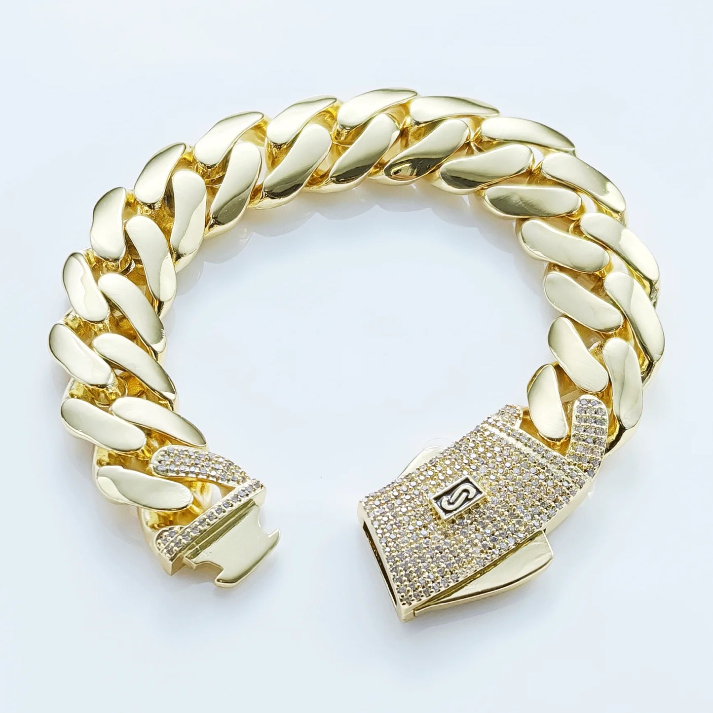 HHIOK Hot Sale Monaco 14k Gold Plated Mans Chain Iced Out Clasp Necklace Miami 12/15/20mm Brass Cuban Link Chain for Men