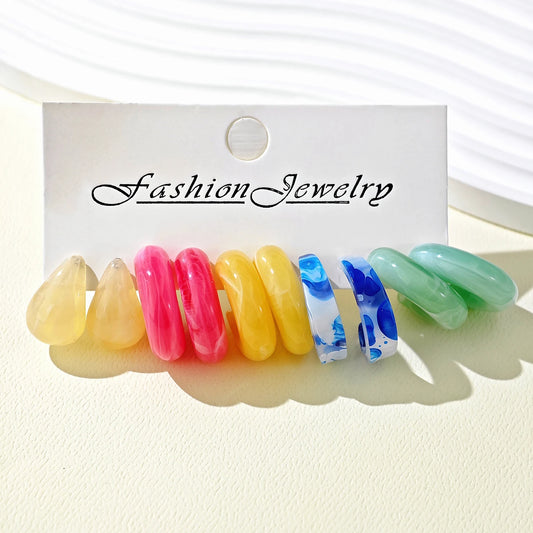 Bohemian Colorful C Shape Acrylic Hoop Geometric Square Metal Earrings Set