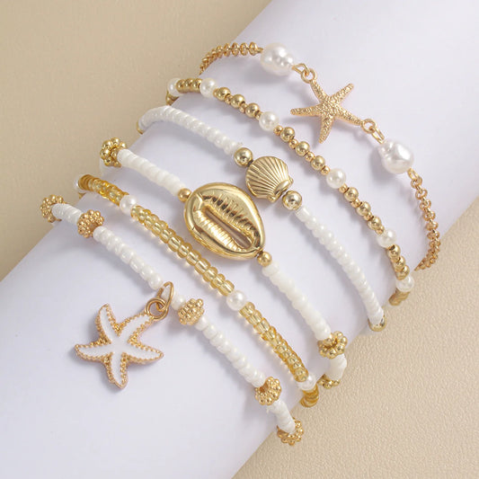Bohemian Shell Starfish Bead Bracelet Set for Women Fashion Summer Beach Multilayer Stacked Pearl Bracelets Party Jewelry Gifts