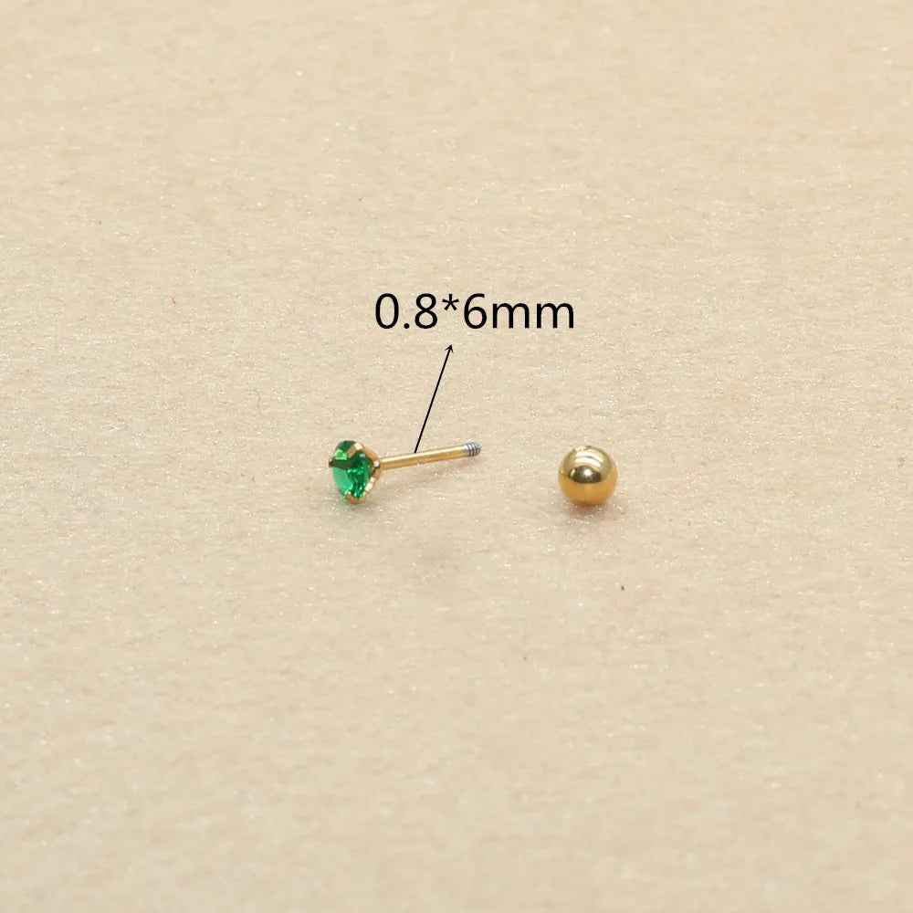 Size From 2mm to 5mm Stainless Steel Green Red Color Round Stond Screw-Back Stud Earrings No Fade Allergy Free Brief Jewelry