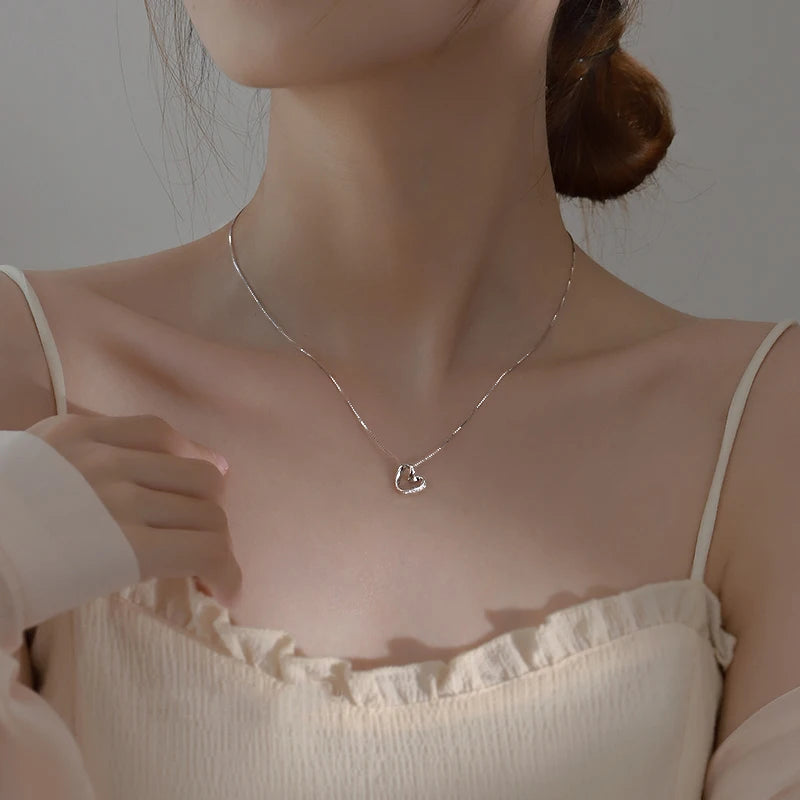 925 Sterling Silver Love Diamond Necklace Women's Simple Collar Chain Hollow Heart Pendant Wedding Jewelry Birthday Gift