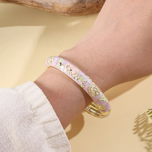 FTCY Vintage Enameled Bracelets For Women Flower Gold Color Cloisonne Bangles Elegant Women's Jewelry Gifts