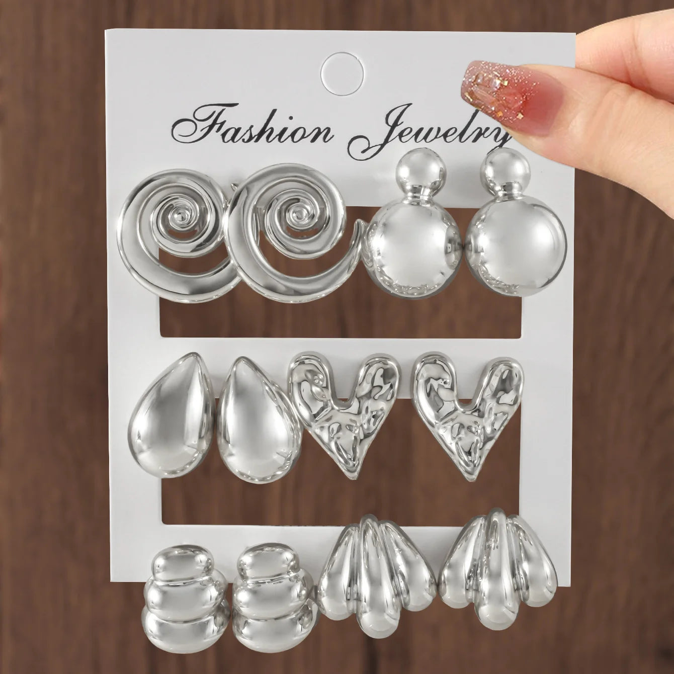 6 Pairs Punk Geometry CCB Stud Earrings Creative Water Drop Heart Earrings for Women Charm Daily Versatile Party Jewelry