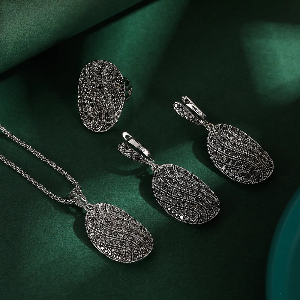 Ajojewel S-shaped Vintage Ladies Jewelry Necklaces And Earring Set Full Rhinestone Black Ring Retro Items Collection