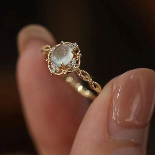 Gold Plated Moonstone Cats Eyes Ring For Women Fashion Luxury Geometric Design Trendy Jewelry