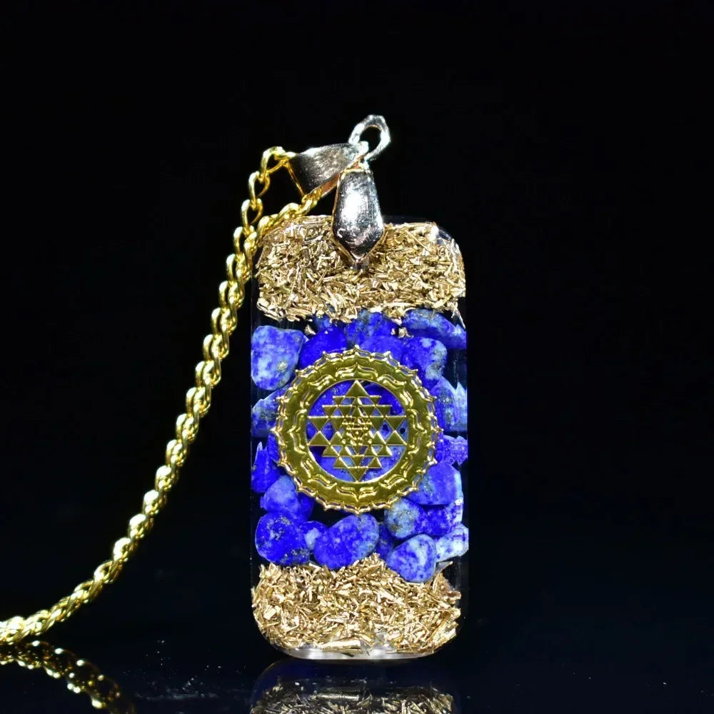 Natural Lapis Lazuli Chip Stones Orgone Resin Pendant with Golden Foil Inside Reiki Healing Crystals Necklace Christmas Gift