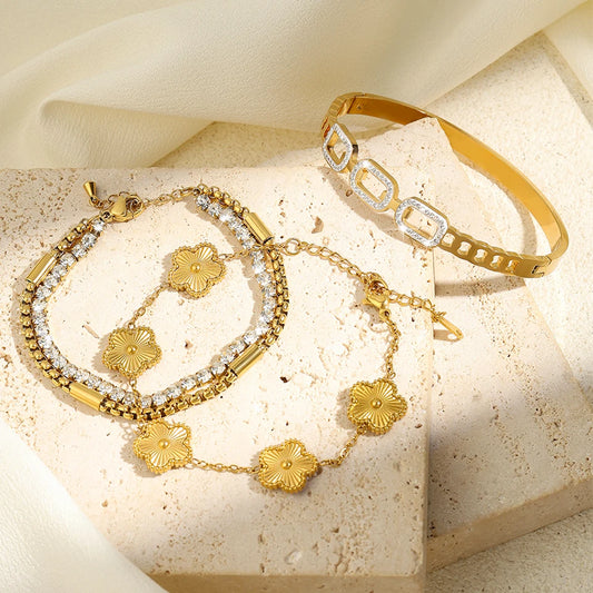 ZAKOL 3Pcs Gold Color Stainless Steel Stacked Bracelet Bangles for Women Geometric Five-Leaf Flower Zircon inlaid Bracelet Gift