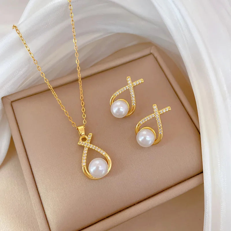 DIEYURO 316L Stainless Steel Butterfly Flower Bowknot Necklace Earrings For Women Girl New Concise Trendy Jewelry Set Gift Party