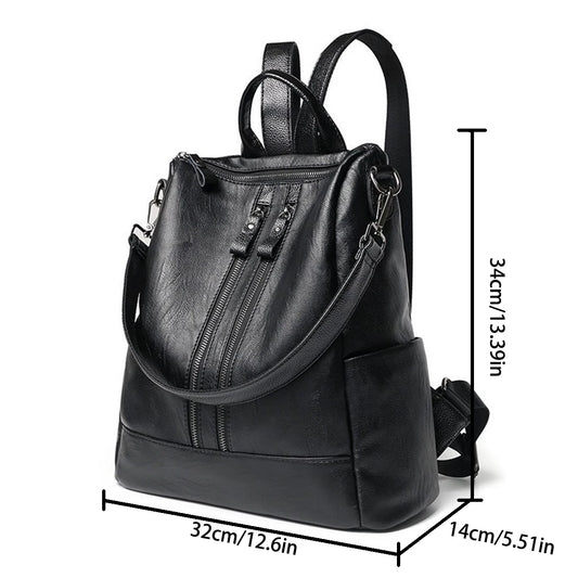 Vintage Leather-Textured Backpack Quilted Solid Color Large Capacity Zipper Adjustable Straps Multi-Function Daily Campus Bag