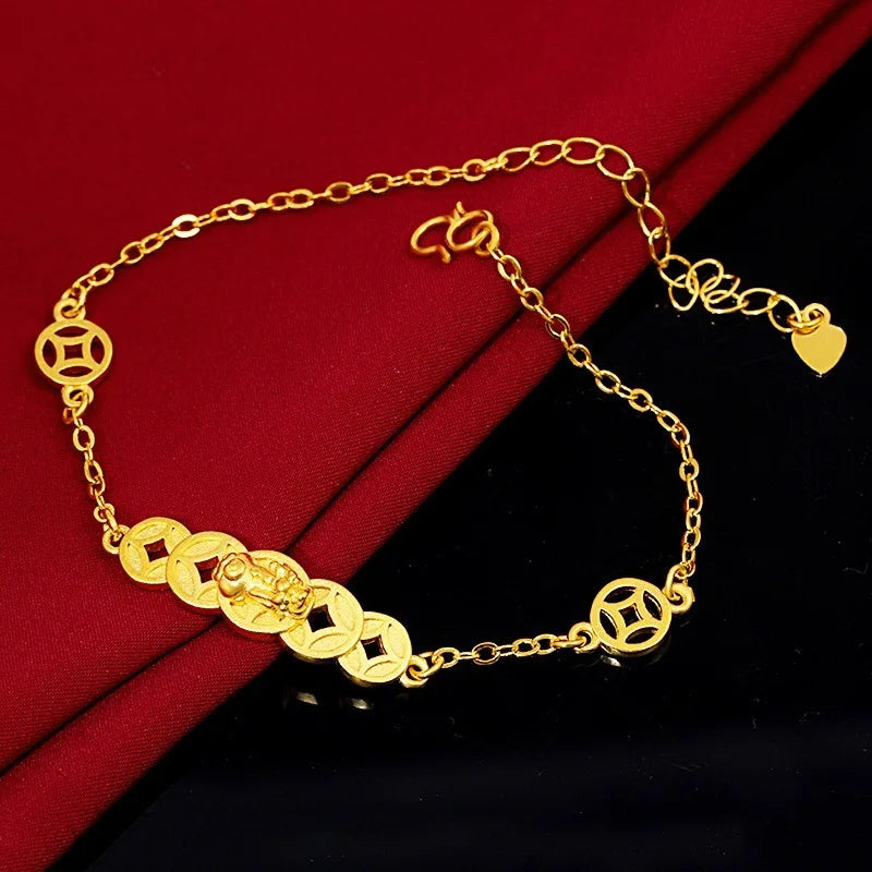 Women's 24K Gold Bracelet | Double Pixiu guarding coins, cloud - engraved chain, aged finish, classic & eye - catching