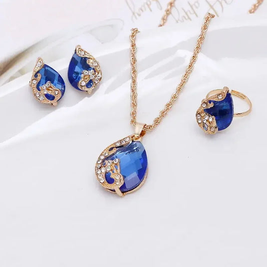 Delysia King 4PCS Trendy Water Droplets Peacock Jewelry Set Crystal Elegant Necklace/Earrings/Ring for Cocktail