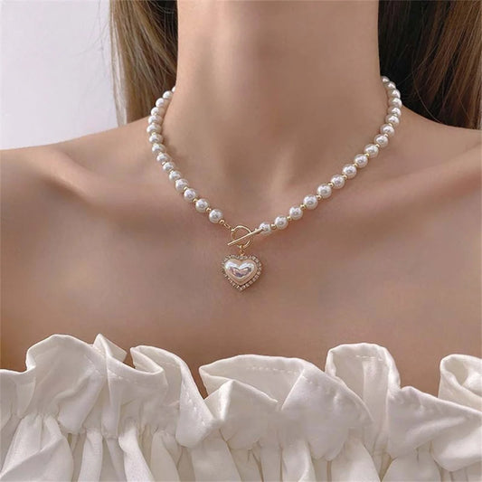 Elegant Pearl Necklace For Women Heart Pendant Necklaces Luxury Imitation Pearls Chain Necklaces Korean Jewelry Girls Gifts