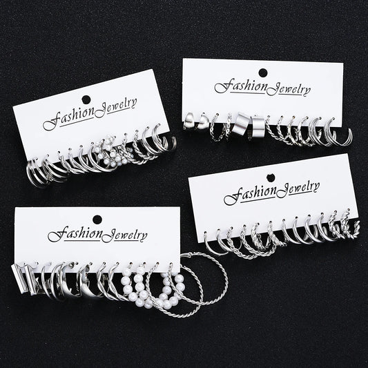 24 Pcs Fashion Vintage Hoop Earrings Set for Women Boho Metal Circle Geometric Twist Pearl Studs Earrings Trendy Jewelry Gifts