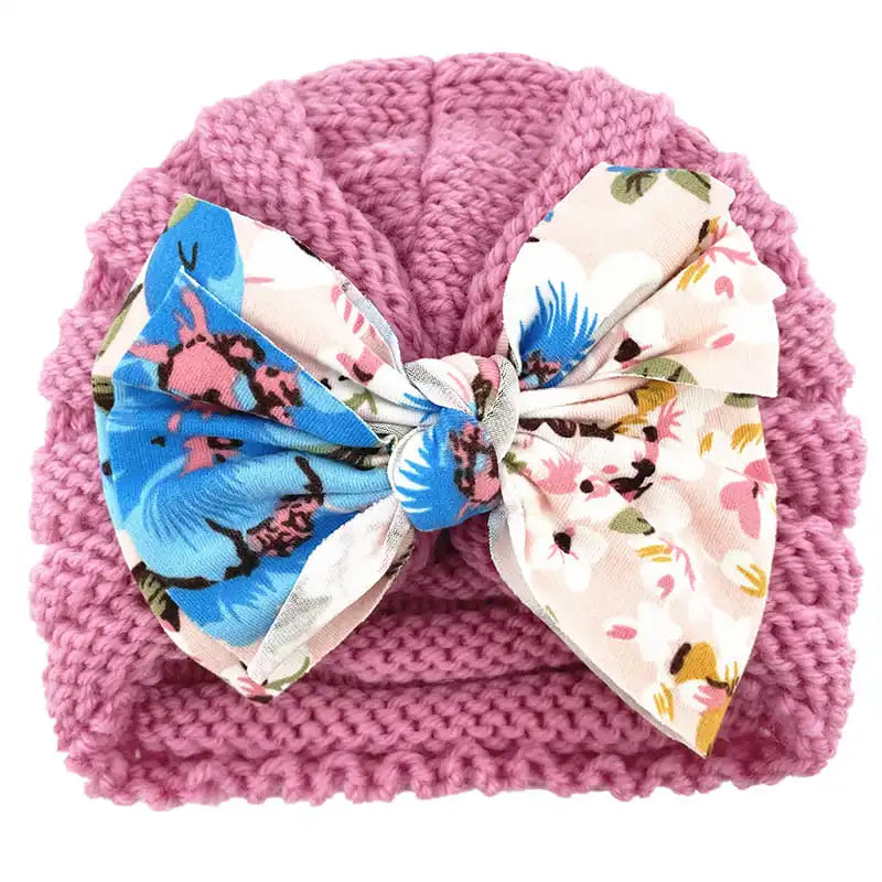 Autumn Winter Knitted Turban Cap For Baby Bow Indian Hat Solid Color Elastic Bandana Headband 0-6Month Newborn Beanie Headscarf