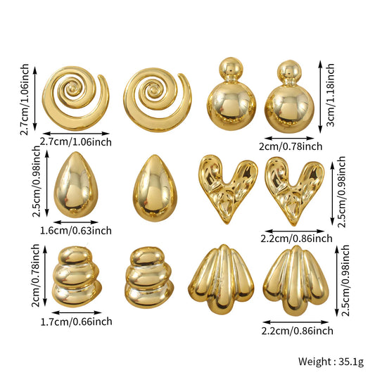 6 Pairs Punk Geometry CCB Stud Earrings Creative Water Drop Heart Earrings for Women Charm Daily Versatile Party Jewelry