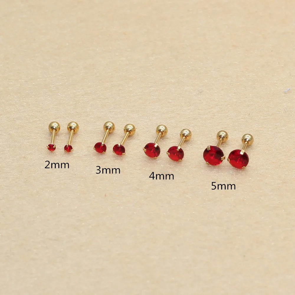 Size From 2mm to 5mm Stainless Steel Green Red Color Round Stond Screw-Back Stud Earrings No Fade Allergy Free Brief Jewelry
