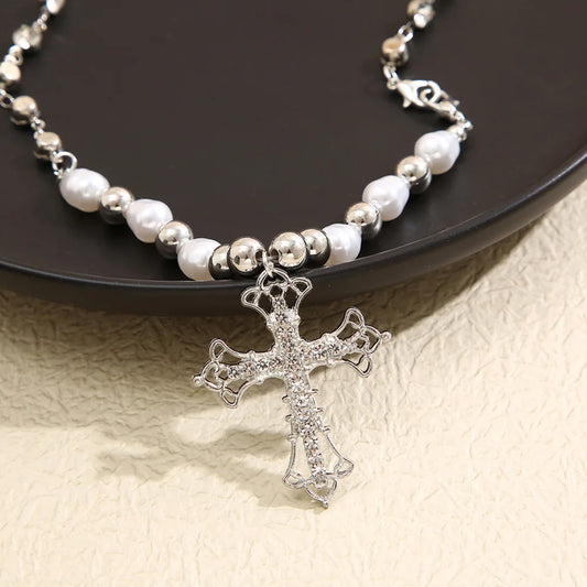 2025 Y2K Pearl Cross Pendant Necklace Hip Hop Retro Women Religious Zircon Chain Necklaces Girls Punk Party Trendy Jewelry Gifts