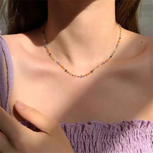 Simple Colorful Square Acrylic Choker Fashion Gold Color Bead Chain Necklace Vintage Crystal Necklace For Women Party Jewelry