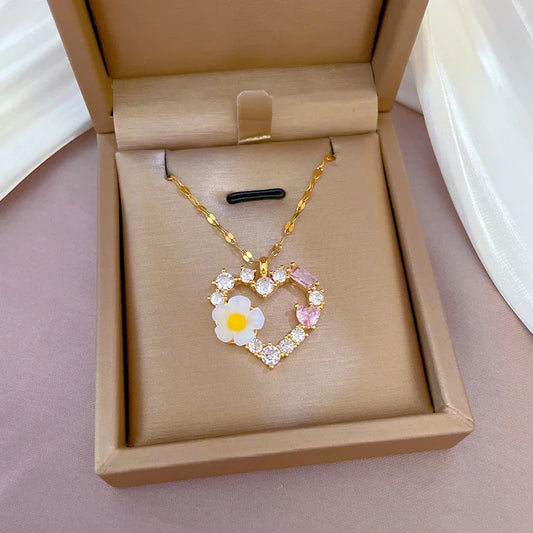 Fashion Simple Heart Flower Zircon Pendant Necklaces for Women Girl Stainless Steel Jewelry Accessories Gift for Valentine's Day