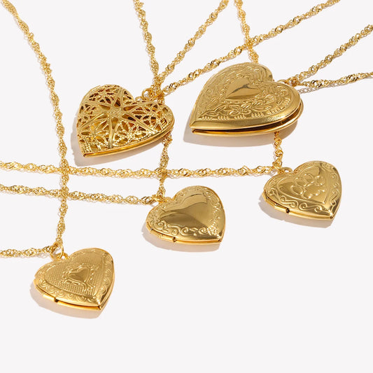 E.B.belle Flower Pattern Hollow Heart Photo Box Pendant Necklace For Women Stainless Steel Jewelry 18K Gold Plated Souvenir Gift