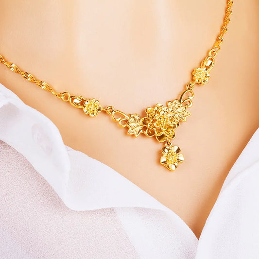 Yellow Gold Plated Multi Flowers Pendant Choker Necklaces for Women 18 inch Collar Wedding Bridal Jewelry Accessories Gifts