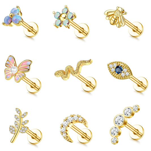 Drperfect 16G Cartilage Earrings Stud for Women Stainless Steel Flat Back Butterfly Moon Flower Helix Tragus Piercing Jewelry