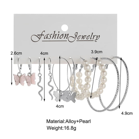 Fashion Big Silver Color Round Circle Pearl Hoop Earrings for Women Girls Snake Butterfly Dangle Earring Set Female Y2K Jewelry