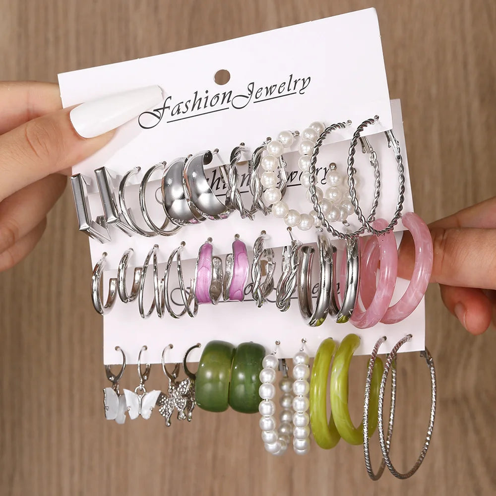 18 Pcs New Fashion Colorful Earrings Set For Women Boho Butterfly Gold Silver Color Pearl Circle Dangle Earrings Jewelry Gifts