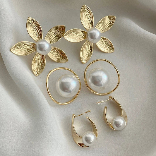 6Pcs Gold Color Floral Pearl Earring Set French Style Vintage Delicate Irregular Stud Earrings Fashion Female Jewelry Gifts 2025