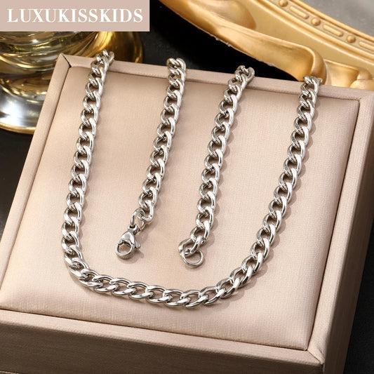 LUXUKISSKIDS Hip Hop Width 5/7MM Cuban Link Stainless Steel Chains Necklace for Men Basic Simple Rapper's Choker on Neck Jewelry